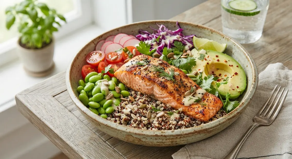 Quinoa Grilled Salmon Avocado Edamame Bowl
